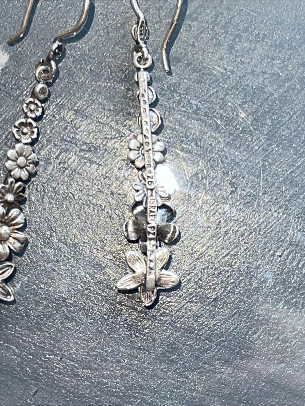 Silver Floral Drop Earrings - Dainty Flower Dangle Earrings - Picture 4 of 7